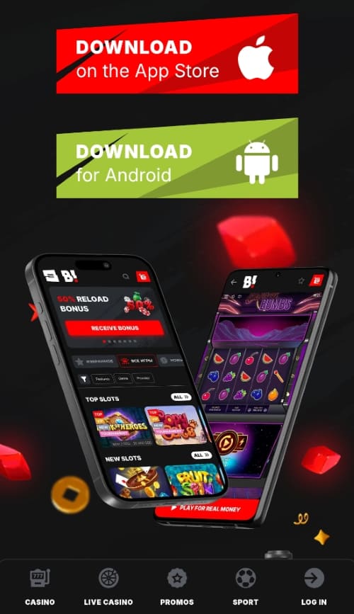 Banzai mobile app download screen with iOS and Android options, showing game preview on devices