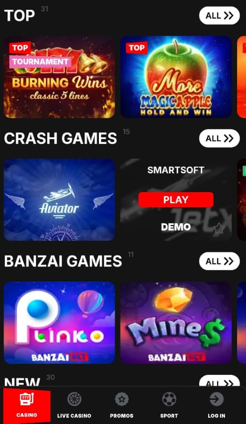 Banzai app showing top casino games, crash games like Aviator, and Banzai games Plinko and Mines