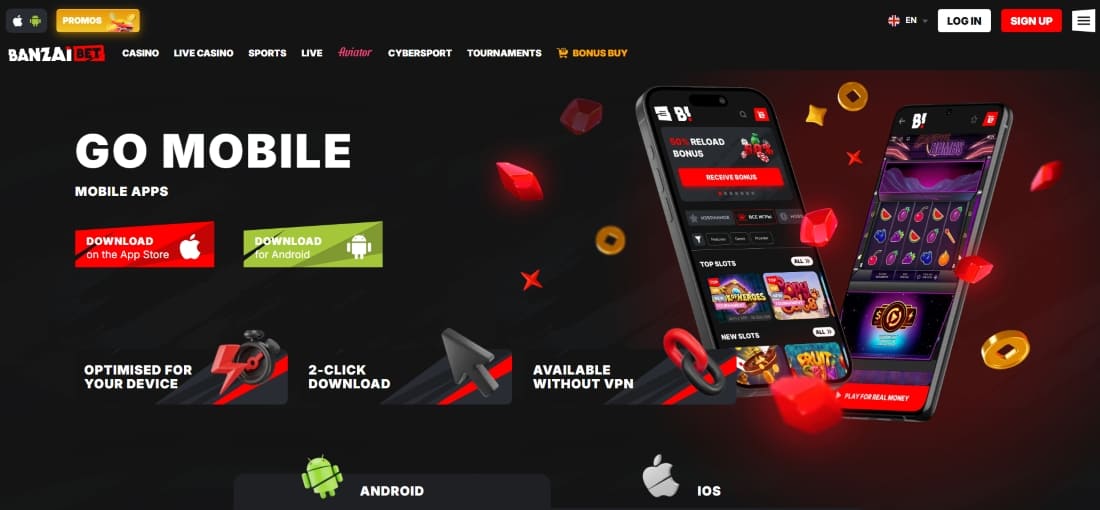 Mobile app page with Android and iOS download options and features like optimized performance