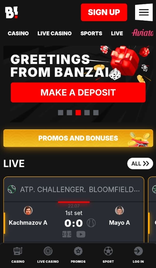 Banzai mobile home screen with deposit button, promos and live betting events for tennis match
