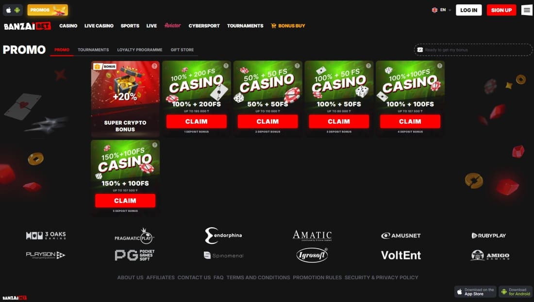 Promotions page with bonus offers like 150% + 100 Free Spins and Super Crypto Bonus highlighted in red