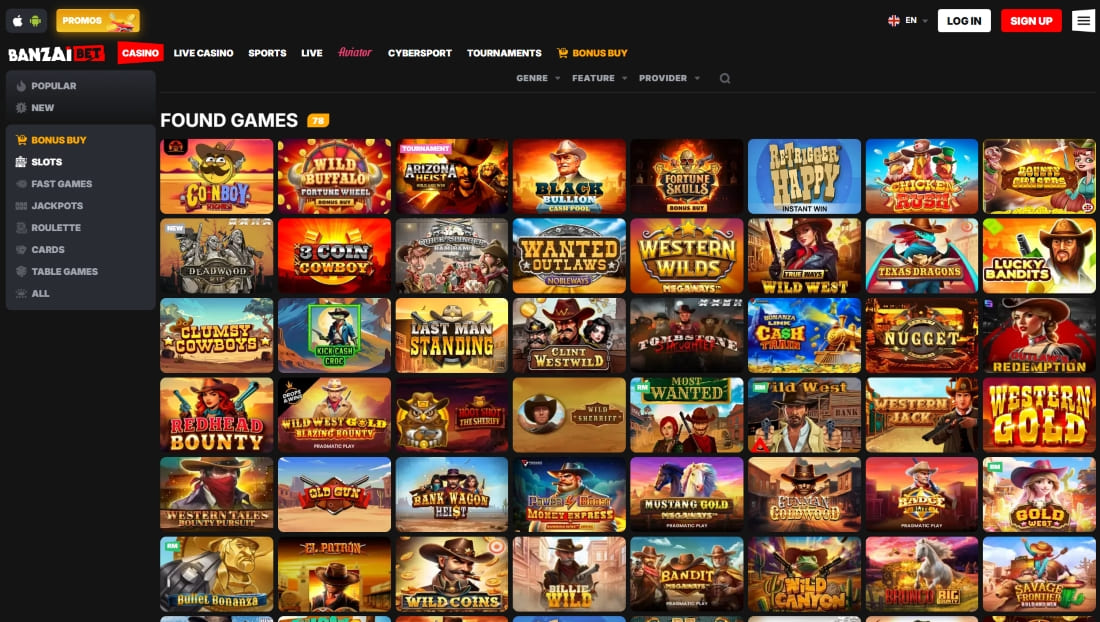 Wide selection of slot games with western themes like Wild West, Black Bullion, and Bandit shown in grid