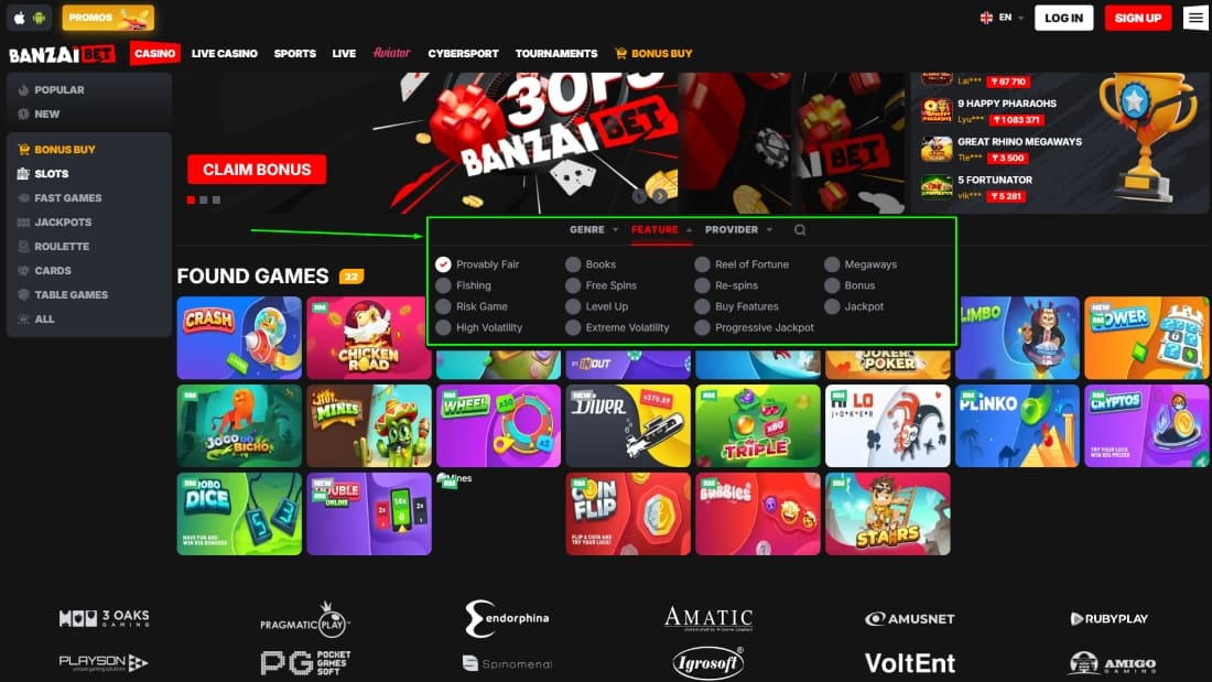 Casino slots page with category filters and colorful game icons like Crash, Chicken Road, and Coin Flip