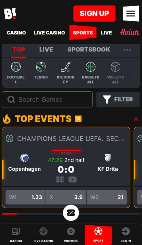 Banzai mobile sports section with live football betting interface showing Copenhagen vs KF Drita match