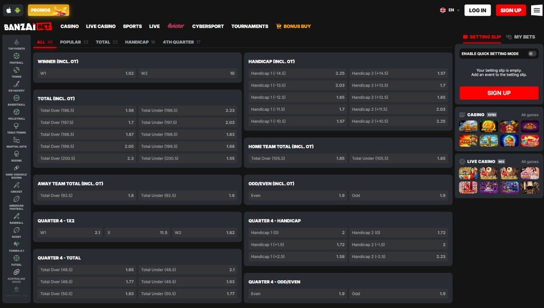 Betting page showing match odds, totals, handicaps and betting slip panel on the right