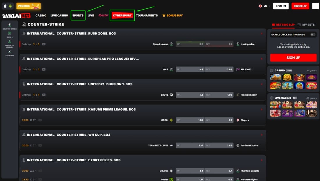 Cybersport betting page with Counter-Strike matches, odds and team names displayed