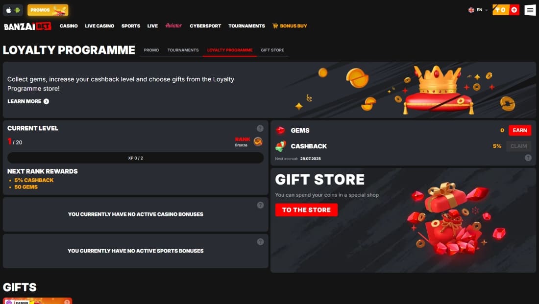 Loyalty program dashboard with current rank, cashback info, and next level rewards