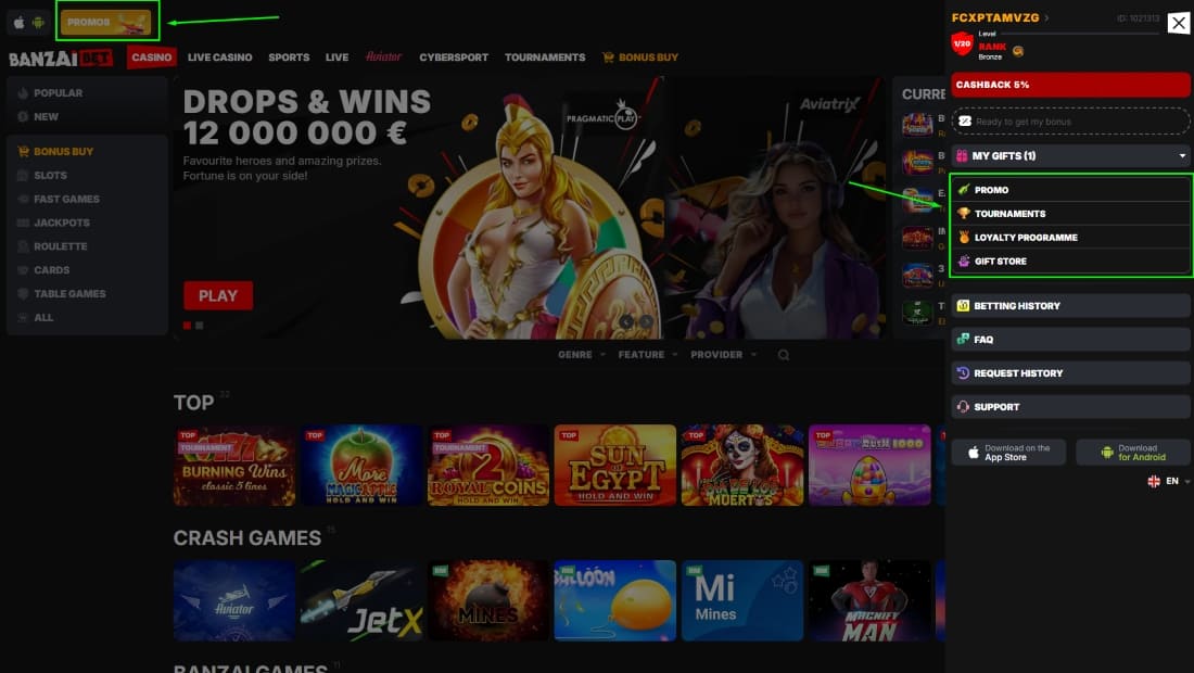 Casino lobby showing promos section and loyalty program options in user menu