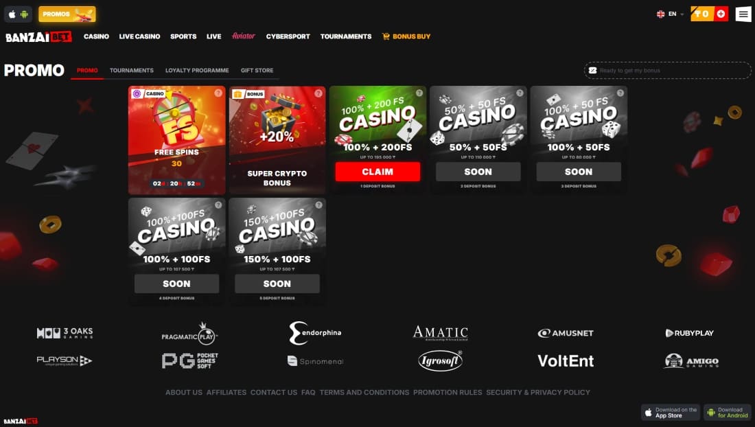 Promotions page featuring free spins, deposit bonuses, and crypto bonus offers