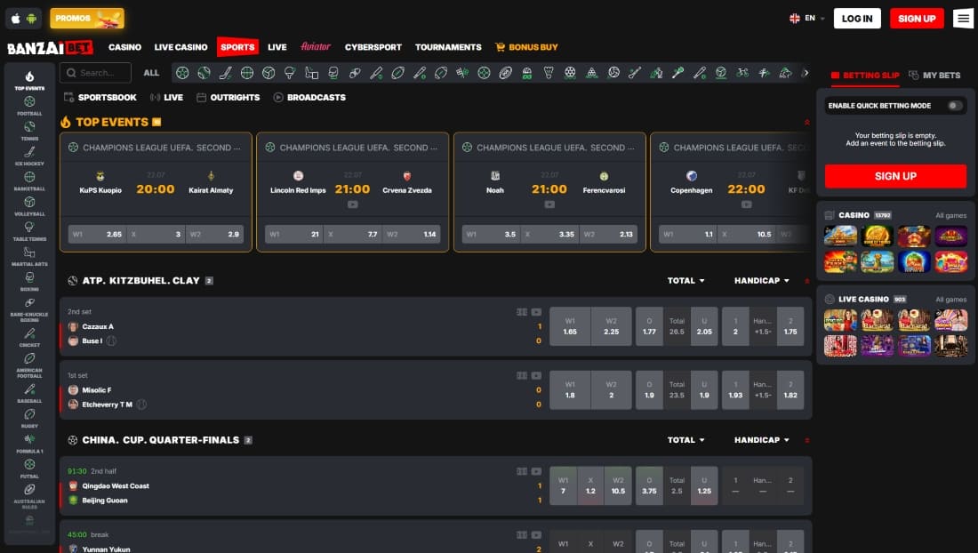 Sports betting section showing Champions League events and various live betting options